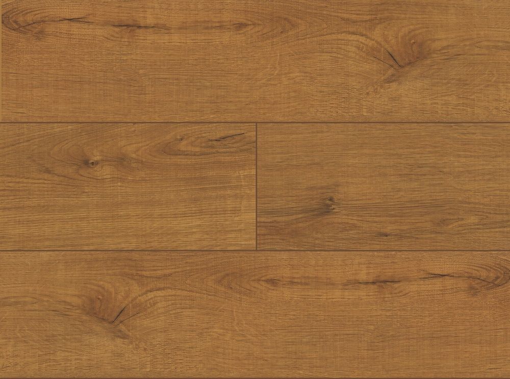 تصویر پارکت لمینت ورپی کد VB-1206 با طرح چوب بلوط کاراملی، گرهها و رگههای واضح، سطح سوپرمات و شیار چهارطرفه شبیه پارکت چوب طبیعی.