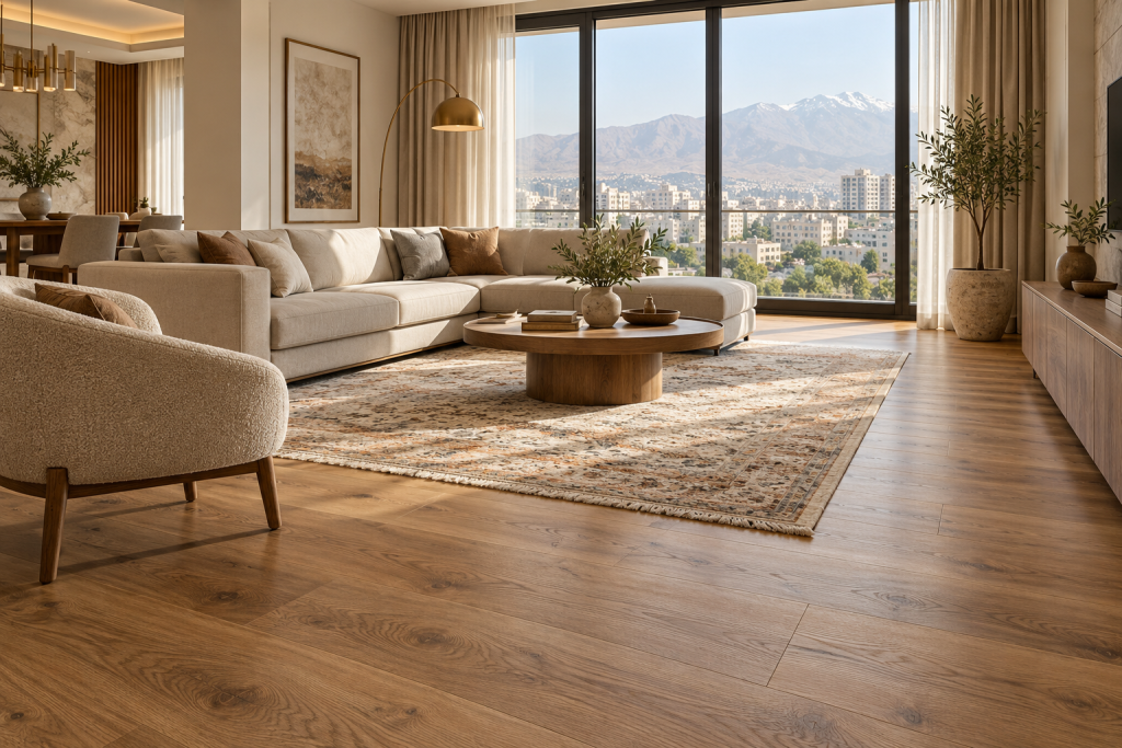 کف پارکت لمینت طرح چوب در نشیمن خانه ایرانی