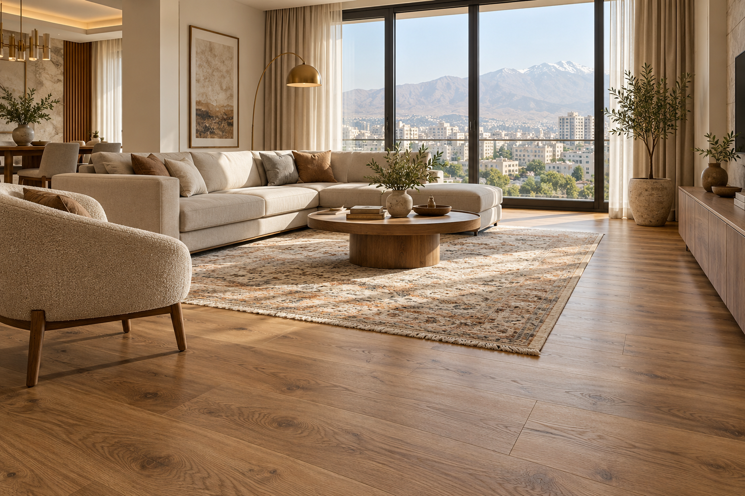 کف پارکت لمینت طرح چوب در نشیمن خانه ایرانی